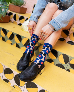 Sock Candy Bold Blue floral sheer sock blue floral socks and loafers